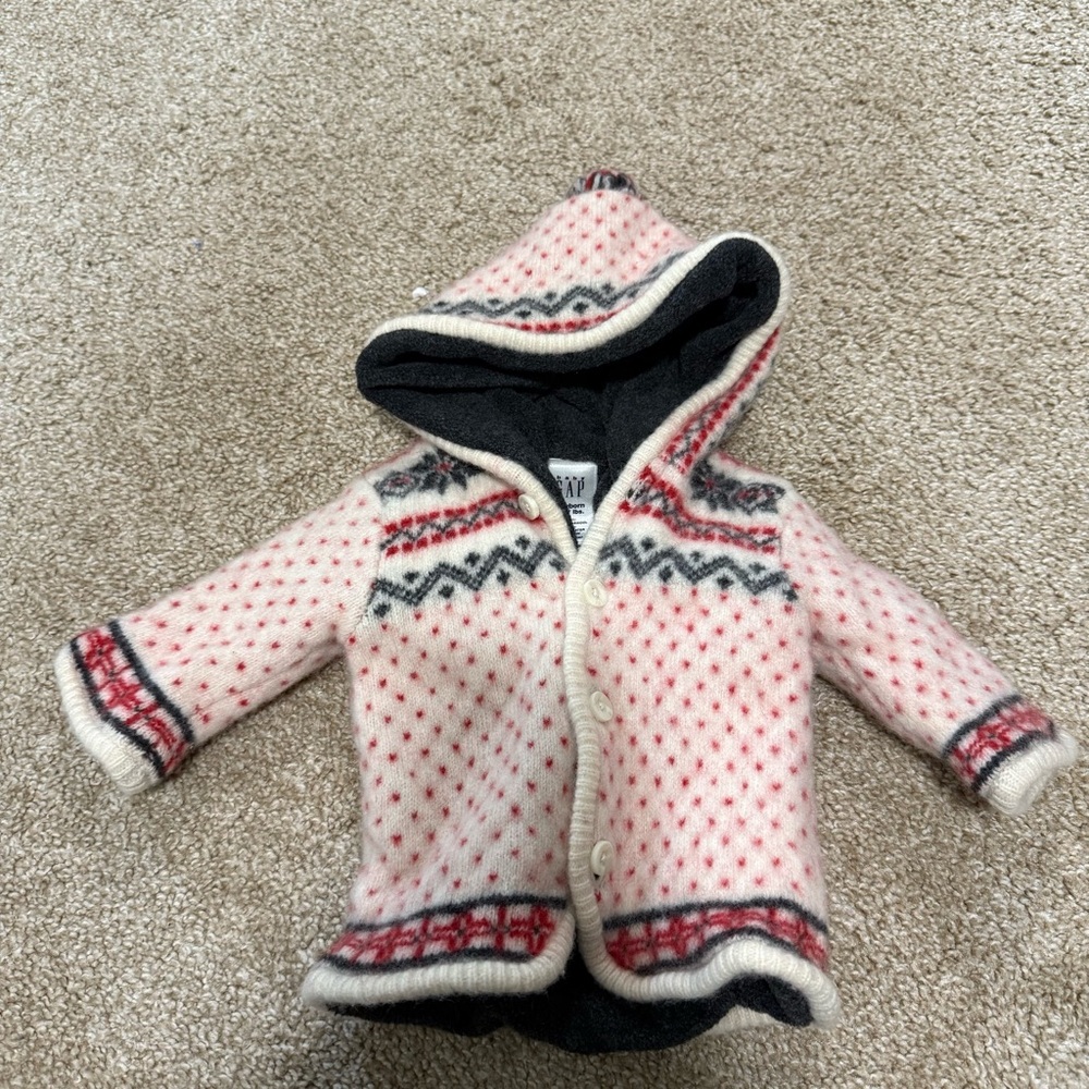 Gap Baby 100% Lambswool Button Front Fair Isle Nepali Design Jacket Coat Hooded